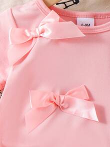 2pcs Baby Girl Casual Fashion 3D Bow Pink Short Sleeve T-Shirt Top And Bow Denim Long Pants Set - Pink - View 4