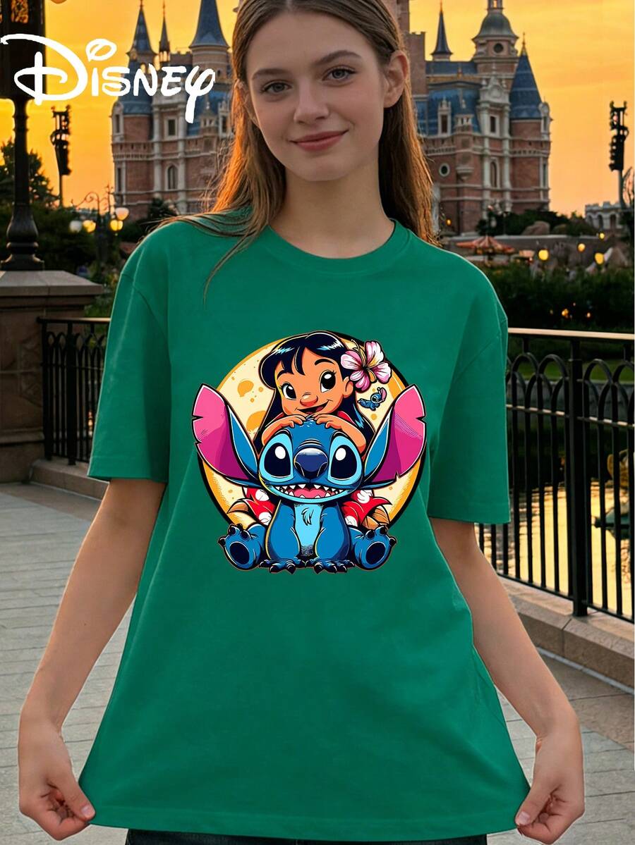 Disney Interstellar Baby Lilo Riding Stitch Printed Loose Short Sleeved T-Shirt Women's Casual Top - màu xanh lá - Xem 1