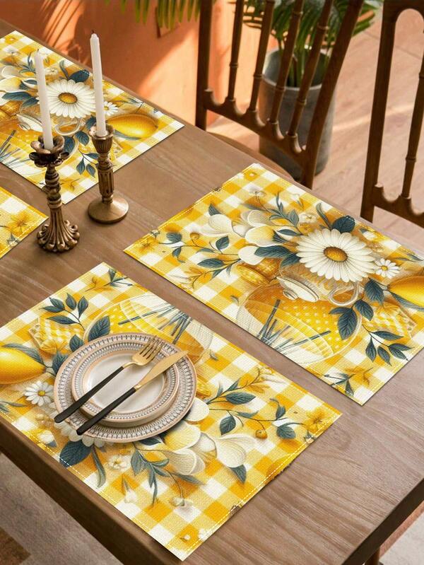 Manteles individuales de limón amarillo, adecuados para la decoración de fiestas en el hogar, con patrón de cuadros, manteles de lino para comedor, manteles para el desayuno, accesorios de cocina, manteles individuales fáciles de limpiar, adecuados para el hogar, comedor, decoración de restaurantes, set de 2/4/6/8 piezas