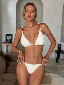 Women's Elegant Summer Beach Vacation Champagne Spaghetti Strap Casual Bikini Set Set With Skirt, Suitable For Parties, Gatherings, Spring, Entertainment, Vacation, Romantic, Fashion Design, Unique, Casual, Bohemian Style, Travel, Daily Leisure - Light Champagne - View 3