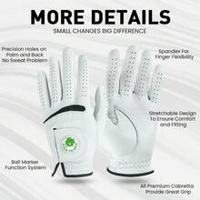 FINGER TEN 高级高尔夫手套，男士左手款，单只装，带球位标记，采用柔软的卡布雷塔羊皮和全天候防滑材质，带来极致舒适和奢华体验，是每位右手高尔夫球手的理想之选。 - 白色 - 查看 2