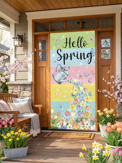 1 pieza Regadera de Primavera y Pancarta Vertical de Puerta con Flores Coloridas y Mariposas de Poliéster, Fondo a Rayas Pastel con Acento de Pétalos, Cubierta Festiva de Puerta para Decoración del Hogar, Porche Delantero, Suministros de Primavera, Regalo de Primavera, Artículos de Fiesta de Primavera, Utilería para Fotomatón, Sala de Estar, Dormitorio, Cocina, Patio, Celebración