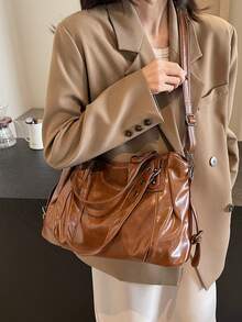 Retro Minimalist Large Capacity Fashion Student/Work Commute Tote Bag - Brown - View 8