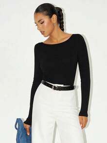 Sexy Backless Round Neck Long Sleeve Bodysuit, Multi-Functional Bodycon Design, Suitable For Spring & Autumn, Tight-Fitting Bodysuit Black Summer - Black - View 3