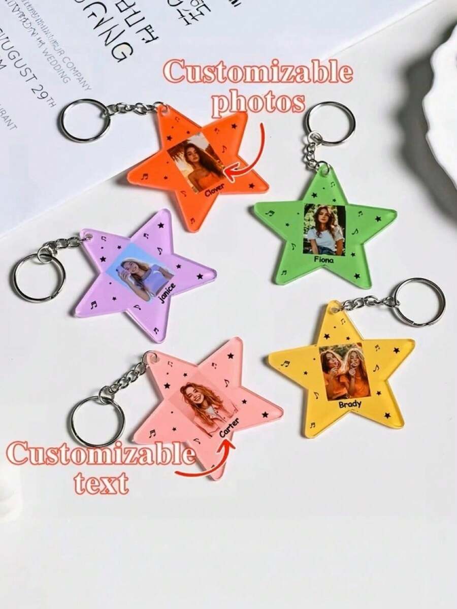 1pc Customizable Star Keychain, Customize Photo And Text Kids Bag Keychain, School Bag Keychain, Name Bag Tag, Personalised Bag Tag, Kids Key Ring, Name Tag, Personalized Gifts - Multicolor - View 1