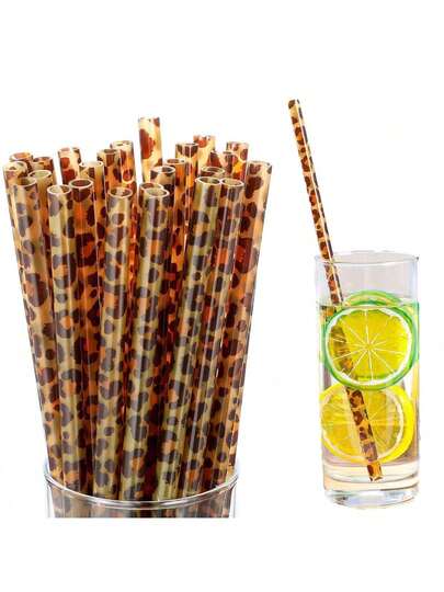6pcs-Pack Leopard Print Straws Reusable Plastic Cheetah Animal Straws Includes 1 Cleaning Brush Women's Water Bottle Drink Accessories Wild Birthday Party Giveaways Halloween Theme