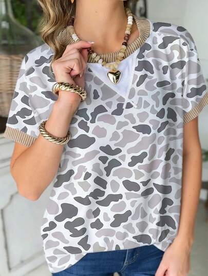 Acelitt Gray Camouflage Print Twisted Texture Patchwork Casual T-Shirt