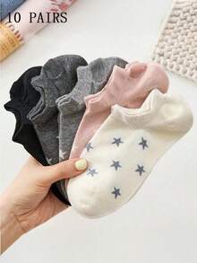5/10 Pairs Women Spring/Summer Casual Ankle Socks, Non-Slip Star Pattern, Fashionable Socks - Multicolor - View 8