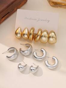 Juego de 6-12 piezas de pendientes de gota y en forma de C de moda, ligeros, pendientes gruesos con textura en forma de aro C, adecuados para uso diario de mujeres, regalo para días festivos - oro+plata - Ver 2