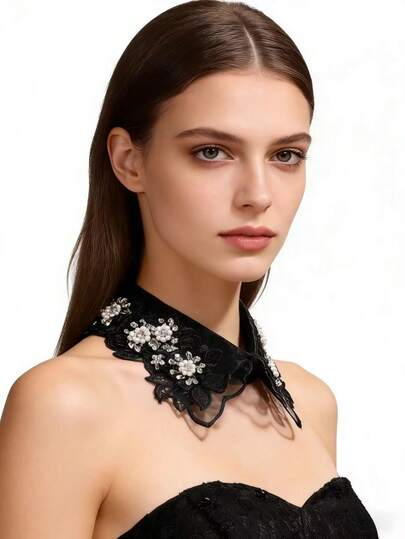 DA FEN QI MI MA 1 pieza Cuello postizo bordado a mano con perlas, accesorio bordado exquisito para decoración de cuello de camisa para mujeres