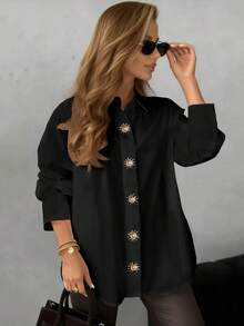 Solstice Apparel Front Button Embellished Metal Sun Disc Dropped Shoulder Lapel Collar Loose White Women Shirt, Casual Blouse For Commute And Office Wear Black Spring - Black - View 4