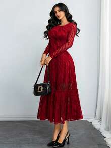Sexy Elegant Vintage Fashion Lace Abstract Pattern Jacquard Double-Layer Lining Flared Dress, Work Commute Or Holiday Party Vacation Spring - Burgundy - View 2