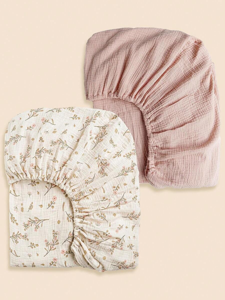 2pcs Baby Crib Bedsheet Set, Neutral Printed & Solid Color, Suitable For Newborn Boys & Girls, Essential For Spring/Summer, Great Gift - Multicolor - View 1