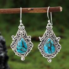 一对复古绿松石水滴吊坠耳环，精致银丝雕刻工艺，波西米亚风格首饰 - 彩色 - 查看 3