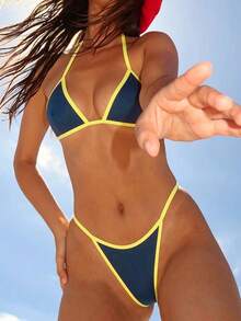 Maillot de bain bikini pour femmes, sans rembourrage, couleur unie, décontracté et à la mode pour les vacances/festival de musique/rentrée scolaire, tenue de plage d'été - Bleu marine - Voir 5