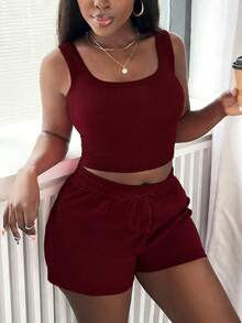 Women's Summer Casual Deep Red Camisole & Shorts 2-Piece Set, Women's Casual Round Neck Ribbed Cropped Camisole And Drawstring Pocket Shorts 2-Piece Outfit Elegant - Dark Red - View 4