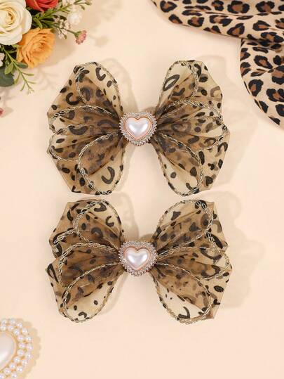 2 piezas Pinzas para el cabello con estampado de leopardo, pinzas de cocodrilo con lazo de perlas en forma de corazón, pinzas para el cabello con malla de leopardo marrón elegante, accesorios para el cabello con estampado animal de moda para adolescentes