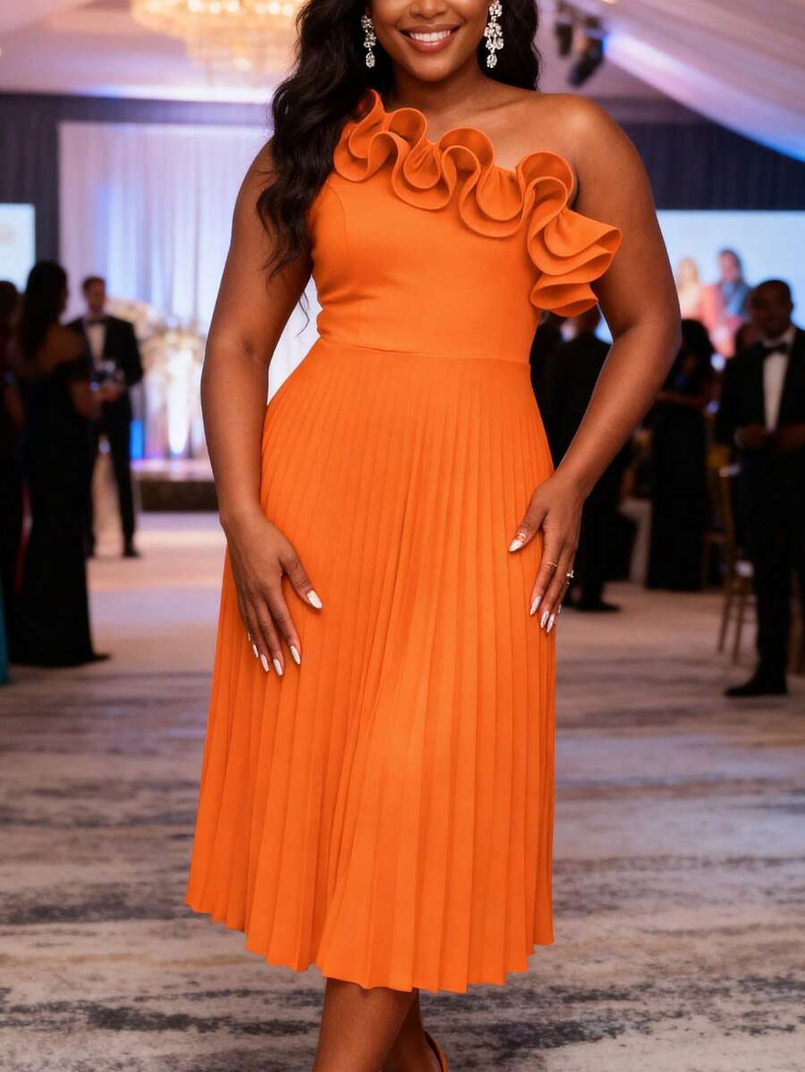 Women's Elegant Orange Pleated A-Line Dress, One Shoulder Layered Ruffle Trim, Mid-Length, Suitable For Spring/Summer Wedding Guest, Party, Evening Gown