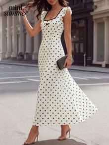 Women's White & Black Polka Dot Square Collar Lace Trim Bow Midi Dress - Elegant Casual Everyday Wear - White - View 3