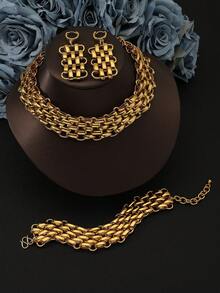 Gold Chunky Chain Necklace, Earrings, Bracelet Jewelry Set For Women, Suitable For Party, Wedding, Dubai, Nigeria Bridal Wedding Jewelry Accessories - Gold - View 4