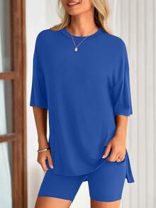PRETTYGARDEN Women's Summer Clothes 2 Piece Sets Lounge Set Casual Oversized Shirts Biker Shorts Matching Airport Travel Sweatsuit Set Women Vacation Outfit Royal Blue Summer Brunch Outfits For Women - 寶藍色 - 查看 6