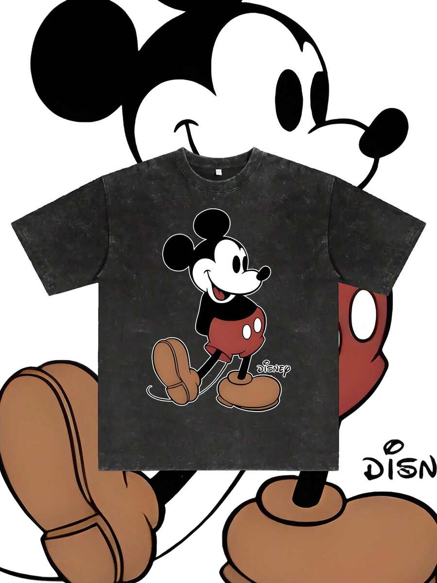 Disney, Disney Mickey Mouse ; T-shirt d'été à manches courtes pour homme, effet vieilli, coupe unique, pur coton, confortable et respirant, style streetwear décontracté, col rond ; une marque de mode de haute qualité, un cadeau surprise idéal pour la famille et les amis. - Noir - Voir 1