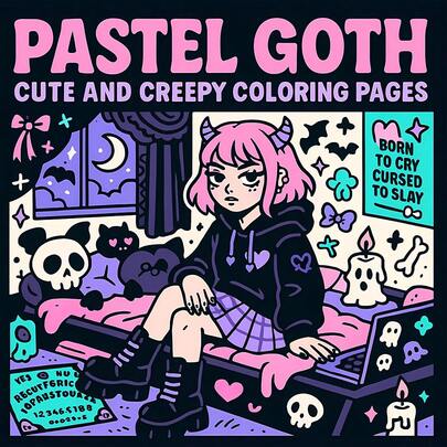 GDTME Gothic Girl Series: 1 Adult Coloring Book, Comes With 1 Random Greeting Card. The Cover Features A Contrasting Pink, Purple And Black Gothic Girl's Bedroom, Filled With Adorable Contradictions, Clearly 24 Pages