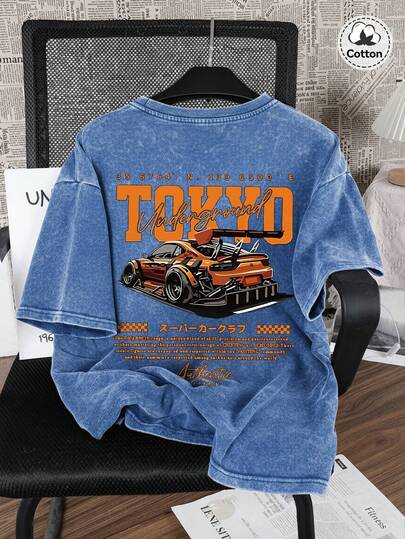 Hemo Men's T-Shirt With Racing Car Pattern, Micro-Elastic Fitted, Washed Vintage, Pure Cotton Breathable Navy Blue Crew Neck Short Sleeve T-Shirt, Casual Street Style