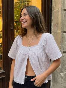 Camiseta babydoll de manga corta con cuello cuadrado y botones, con ribete de encaje, para mujer, ideal para el verano. - Azul y blanco - Ver 5