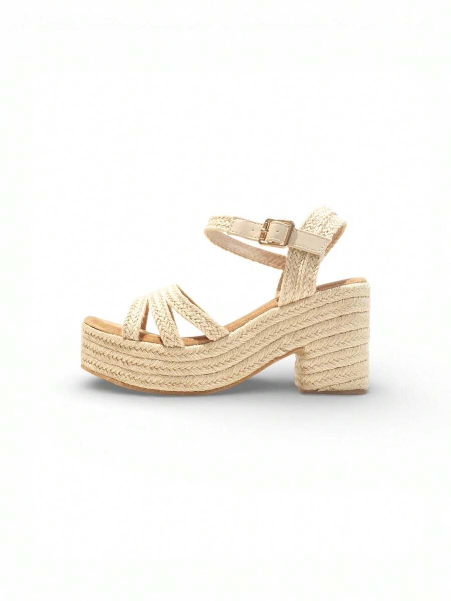 Women's Platform Sandals With Wide Heel And Braided Straps, Jute Espadrille Design With Adjustable Ankle Strap, Comfortable Beige Summer Sandals - 米色 - 查看 1