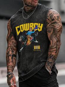 Men's Printed Vintage Washed Vest, Loose Fit, Casual Street Style, A Must-Have Item For Street Wear And The Gym. - màu đen - Xem 1