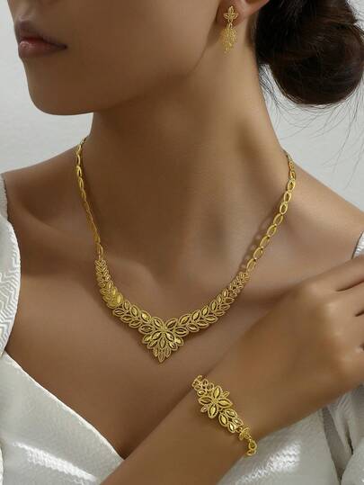Conjunto de joyería de 4 piezas con collar, aretes y pulsera con diseño de flor y trigo hueco en estilo vintage europeo, adecuado para novias, uso diario y fiestas de mujeres