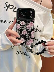 Pink Rose Flower Leather Phone Case, Handmade Beaded Heart Wrist Strap Included, Suitable For IPhone XR, 11, 12, 13, 14, 15, 16, 17, 17 Pro, 17 Pro Max - Multicolor - View 5