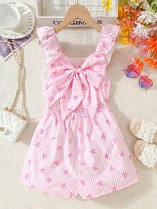 Girls' Summer Casual Backless Jumpsuit, Bow & Ruffle Trim, Striped Bow Print Romper, Fashionable Vacation Style For Girls - Pink - View 2