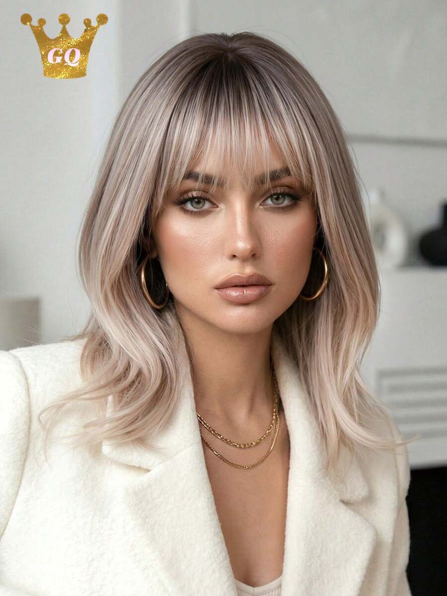 14英寸渐变金色合成假发，女士自然直发短假发，带刘海，适合日常、工作、派对等场合佩戴 - 漸變金色 - 查看 1