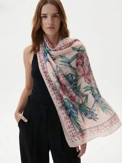 1pc Tropical Print Cute Polyester Scarf, Suitable For Spring And Autumn