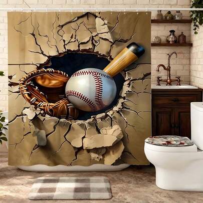 3D Broken Wall Baseball Gear Shower Curtain, Realistic Baseball Bat And Glove Bursting Through Wall Pattern, Waterproof Polyester Bath Curtain, Dynamic Sports Bathroom Decor, Cool Athletic Style Restroom Partition, 3D Effect Baseball Print Bath Curtain For Home, Mildew Resistant Quick Dry Bathroom Curtain, Eye-Catching Sports Aesthetic Restroom Decoration, Popular Extreme Sports Bath Curtain