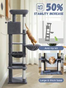 PAWZ Road 69'' Tall Cat Tree For Indoor Large Cats, Large Cat Tower For Fat Cats With Super Big [20X16] Hammock, Cat ClimbingTree Tower With Scratching Posts, Condo House And Large Top Perch,Deep Grey - Dark Grey - View 3