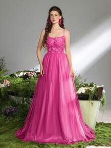 Faeriesty 女士优雅浪漫系带长款正式晚礼服，饰以3D立体花卉图案，适合春季婚礼、花园派对、户外森林庆典、浪漫晚餐和正式肖像摄影派对等场合。 - 玫紅色 - 查看 8