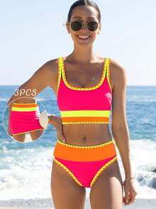 popvil Women Sporty Color-Blocked Shell Trim Bikini Three Pieces Set With U-Neck Top, High Waist Bottom And Swim Skirt For Summer Holiday Vacation Beach - Hot Pink - View 1
