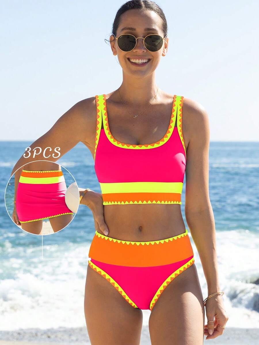 popvil Women Sporty Color-Blocked Shell Trim Bikini Three Pieces Set With U-Neck Top, High Waist Bottom And Swim Skirt For Summer Holiday Vacation Beach - Hot Pink - View 1