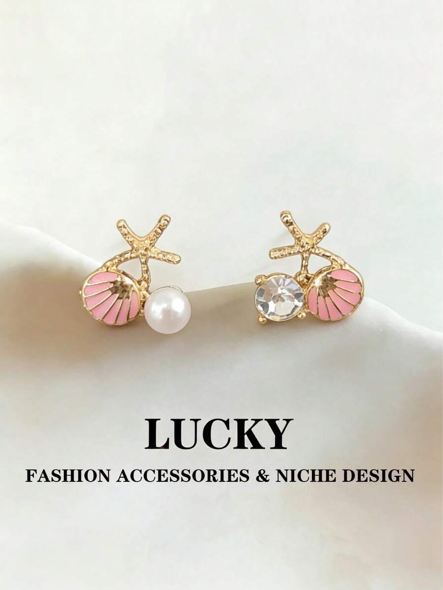 1 Pair Fashionable Sweet Starfish Shell Stud Earrings, Minimalist Small Personalized Earrings Suitable For Teenage Girls, Beach Vacation And Daily Wear - Pink - View 1