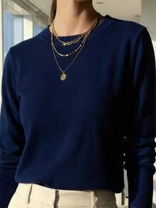 WOMEN'S LONG SLEEVE KNITTING BLOUSE WINTER BASIC ROUND NECK SWEATSHIRT - 藏蓝色 - 查看 1