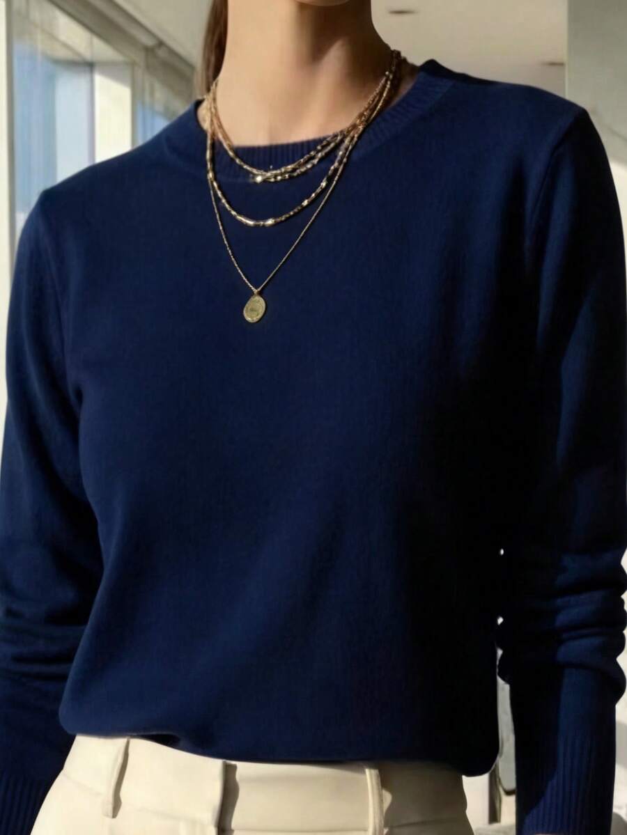 WOMEN'S LONG SLEEVE KNITTING BLOUSE WINTER BASIC ROUND NECK SWEATSHIRT - 藏蓝色 - 查看 1