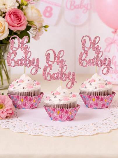 24pcs Oh Baby Christening Cake Toppers, Gender Reveal Party Cake Decorations, Baby Gender Reveal Party Supplies, Suitable For Gender Reveal Party Cake Decorations