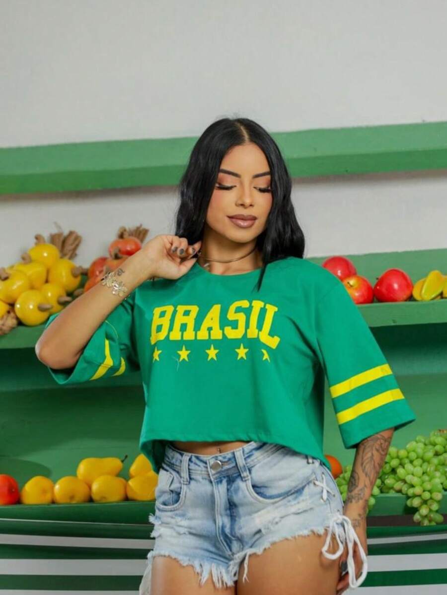 Cropped T-Shirt Brazil Top Blouse Women's World Cup Women's National Team Look Brazilian Fans - 綠色 - 查看 1