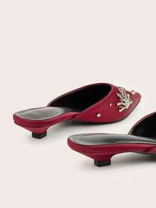 Pointed Toe Rhinestone Slip-On Cone Heel Mid-Heel Backless Mule Sandals - Burgundy - View 5