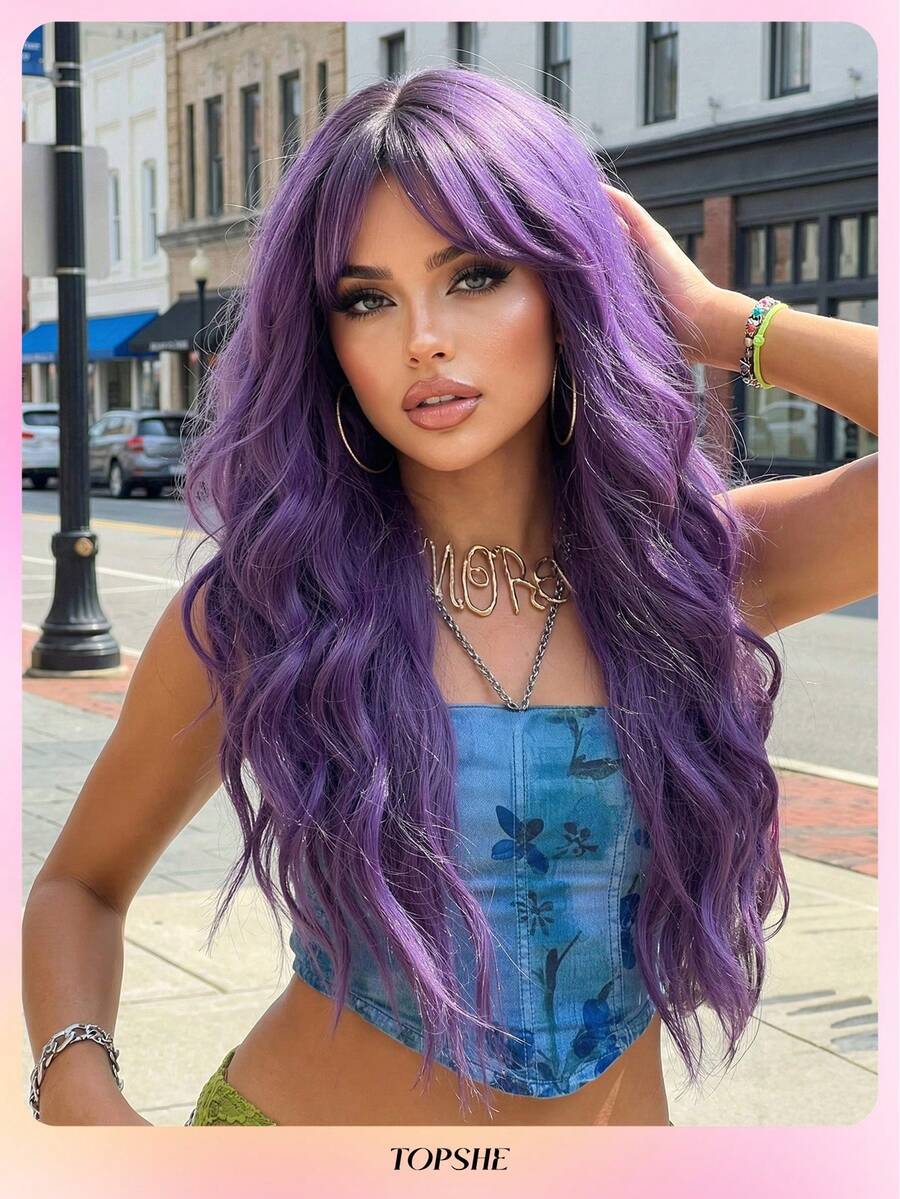 TOPSHE 26 Inch Long Wavy Purple Wig With Bangs, Heat Resistant Synthetic Wig, Suitable For Beginners, Women, Halloween Costume Party, Popular