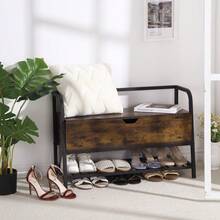 Shoe Bench With Storage Space Bench Industrial Design Shoe Rack Vintage Metal Frame Dark Brown 90 X 40 X 45 Cm Hinged Lid Grid Shelf Wardrobe Bench Retro Wood Look - Brown - View 1