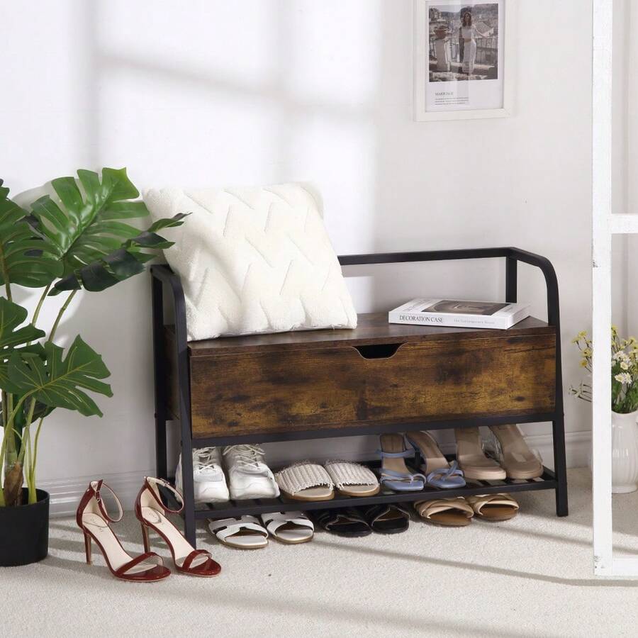 Shoe Bench With Storage Space Bench Industrial Design Shoe Rack Vintage Metal Frame Dark Brown 90 X 40 X 45 Cm Hinged Lid Grid Shelf Wardrobe Bench Retro Wood Look - Brown - View 1